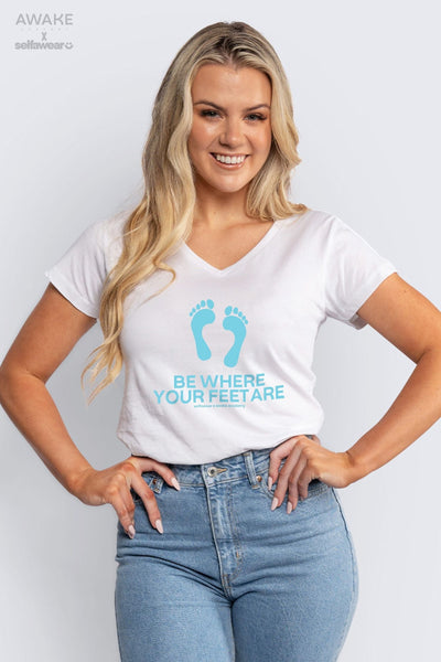 Awake Academy | Be Where your Feet Are V-Neck T-Shirt White V-Necks Selfawear 