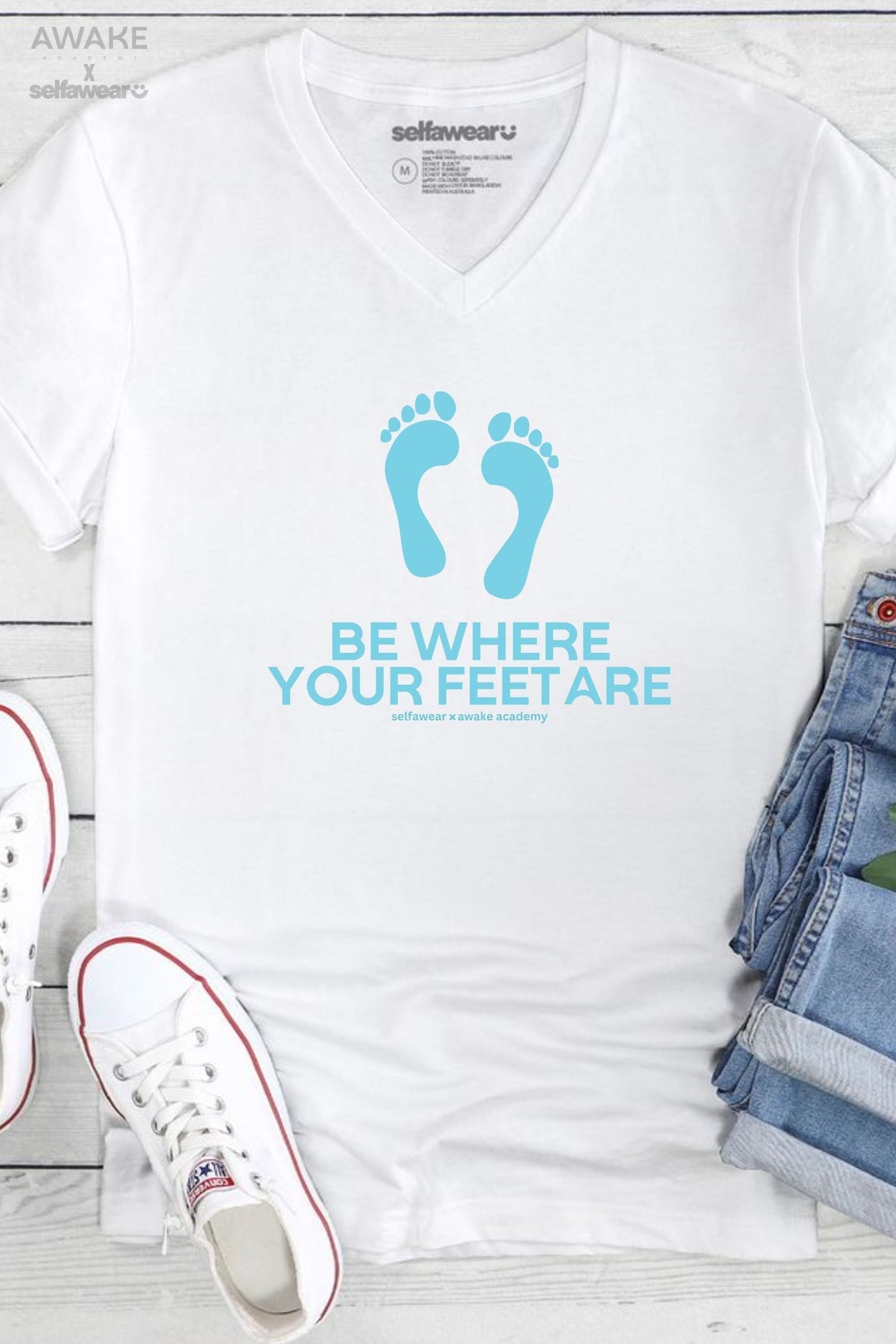 Awake Academy | Be Where your Feet Are V-Neck T-Shirt White V-Necks Selfawear 
