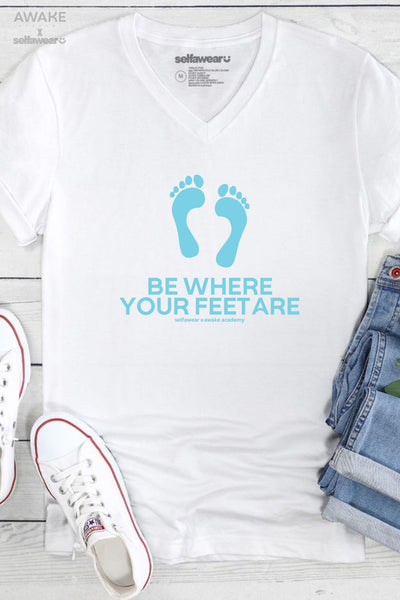 Awake Academy | Be Where your Feet Are V-Neck T-Shirt White V-Necks Selfawear 