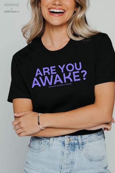 AWAKE ACADEMY COLLAB - "Are You Awake?" - Purple Print - T-Shirt Black Shirts Selfawear 