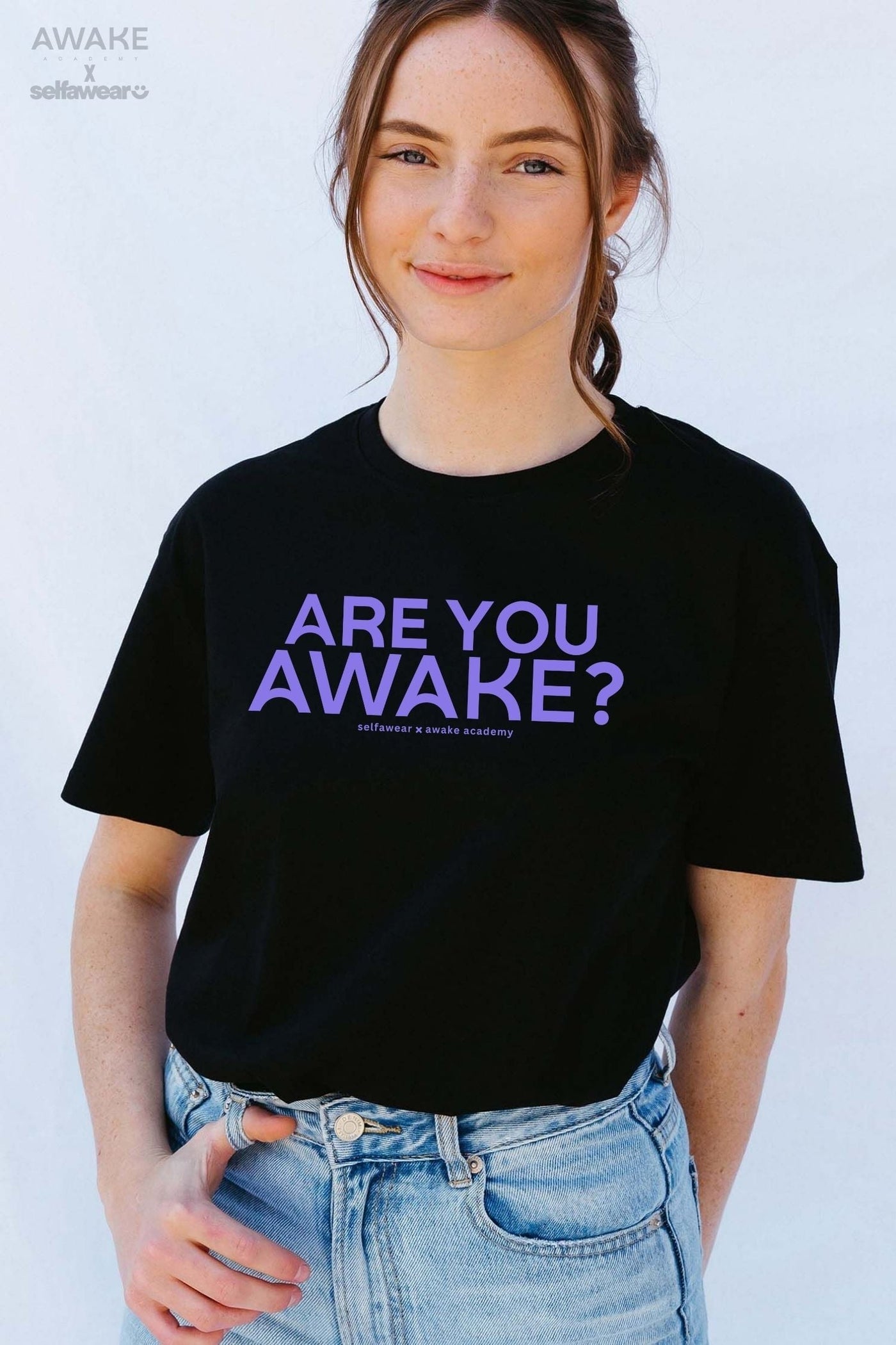 AWAKE ACADEMY COLLAB - "Are You Awake?" - Purple Print - T-Shirt Black Shirts Selfawear 