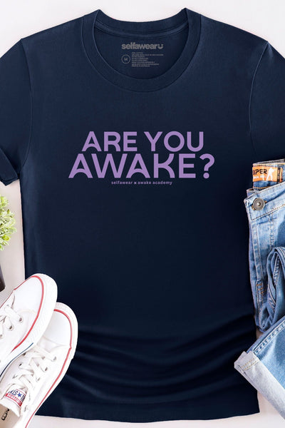 AWAKE ACADEMY COLLAB - "Are You Awake?" - Purple Print T-Shirt Navy Shirts Selfawear 
