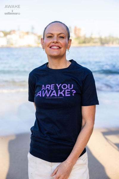 AWAKE ACADEMY COLLAB - "Are You Awake?" - Purple Print T-Shirt Navy Shirts Selfawear 