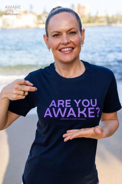 AWAKE ACADEMY COLLAB - "Are You Awake?" - Purple Print T-Shirt Navy Shirts Selfawear 