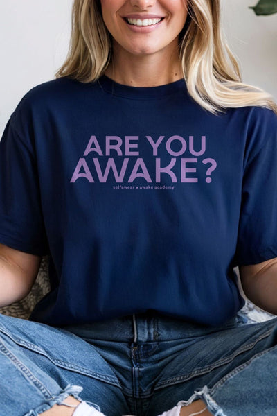 AWAKE ACADEMY COLLAB - "Are You Awake?" - Purple Print T-Shirt Navy Shirts Selfawear 