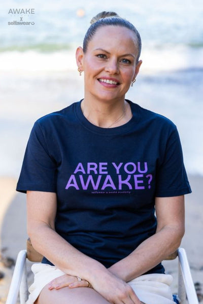 AWAKE ACADEMY COLLAB - "Are You Awake?" - Purple Print T-Shirt Navy Shirts Selfawear 