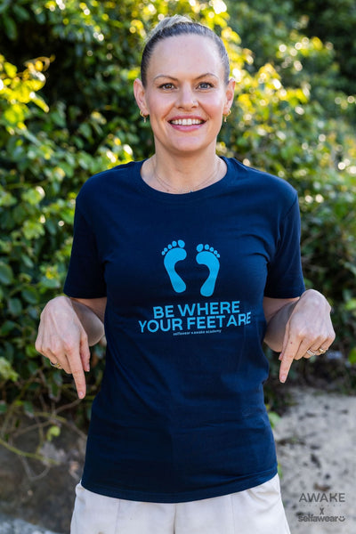 AWAKE ACADEMY COLLAB - "Be Where Your Feet Are" T-Shirt Navy Shirts Selfawear 