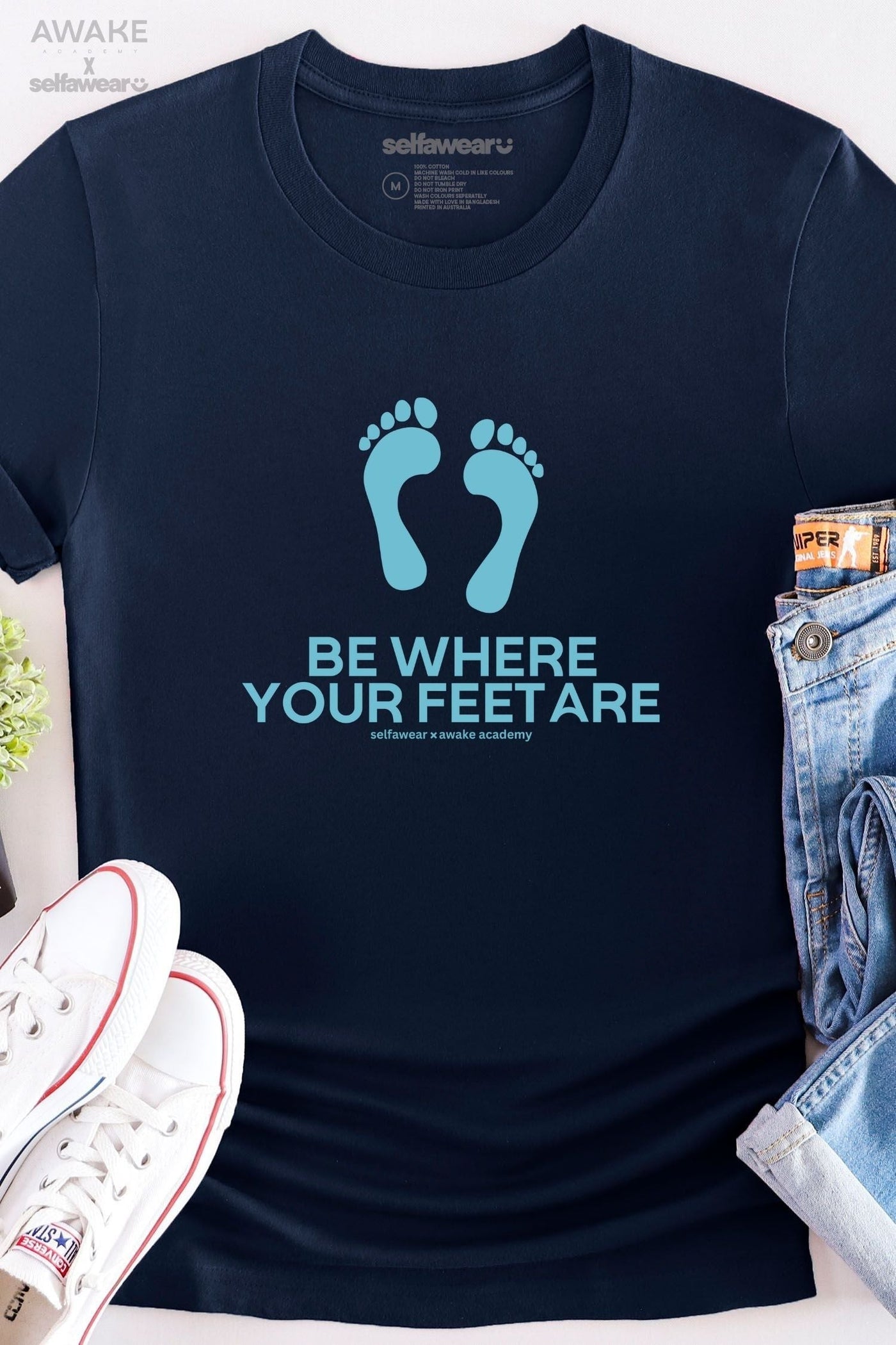 AWAKE ACADEMY COLLAB - "Be Where Your Feet Are" T-Shirt Navy Shirts Selfawear 