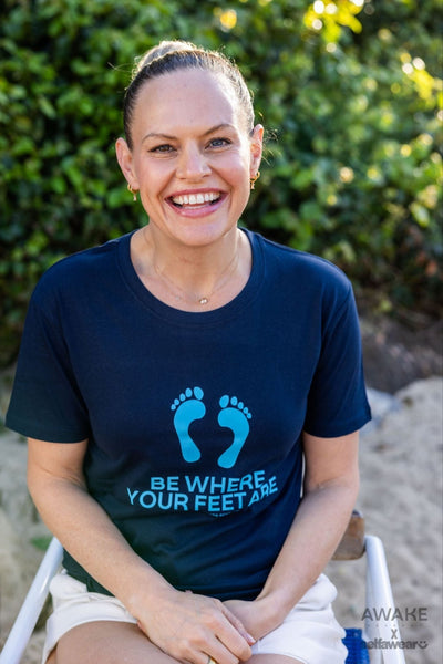 AWAKE ACADEMY COLLAB - "Be Where Your Feet Are" T-Shirt Navy Shirts Selfawear 