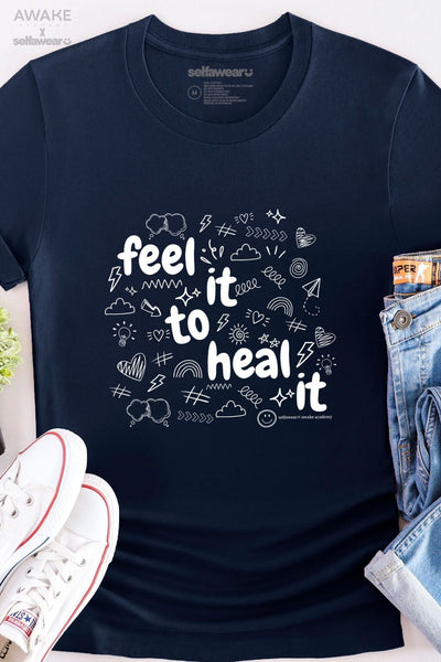 AWAKE ACADEMY COLLAB - "Feel it to Heal it" - White Print - T-Shirt Navy Shirts Selfawear 