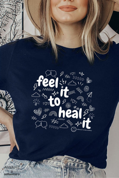 AWAKE ACADEMY COLLAB - "Feel it to Heal it" - White Print - T-Shirt Navy Shirts Selfawear 