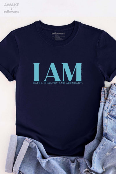 AWAKE ACADEMY COLLAB - "I am Happy" - Light Blue Print - T-Shirt Navy Shirts Selfawear 