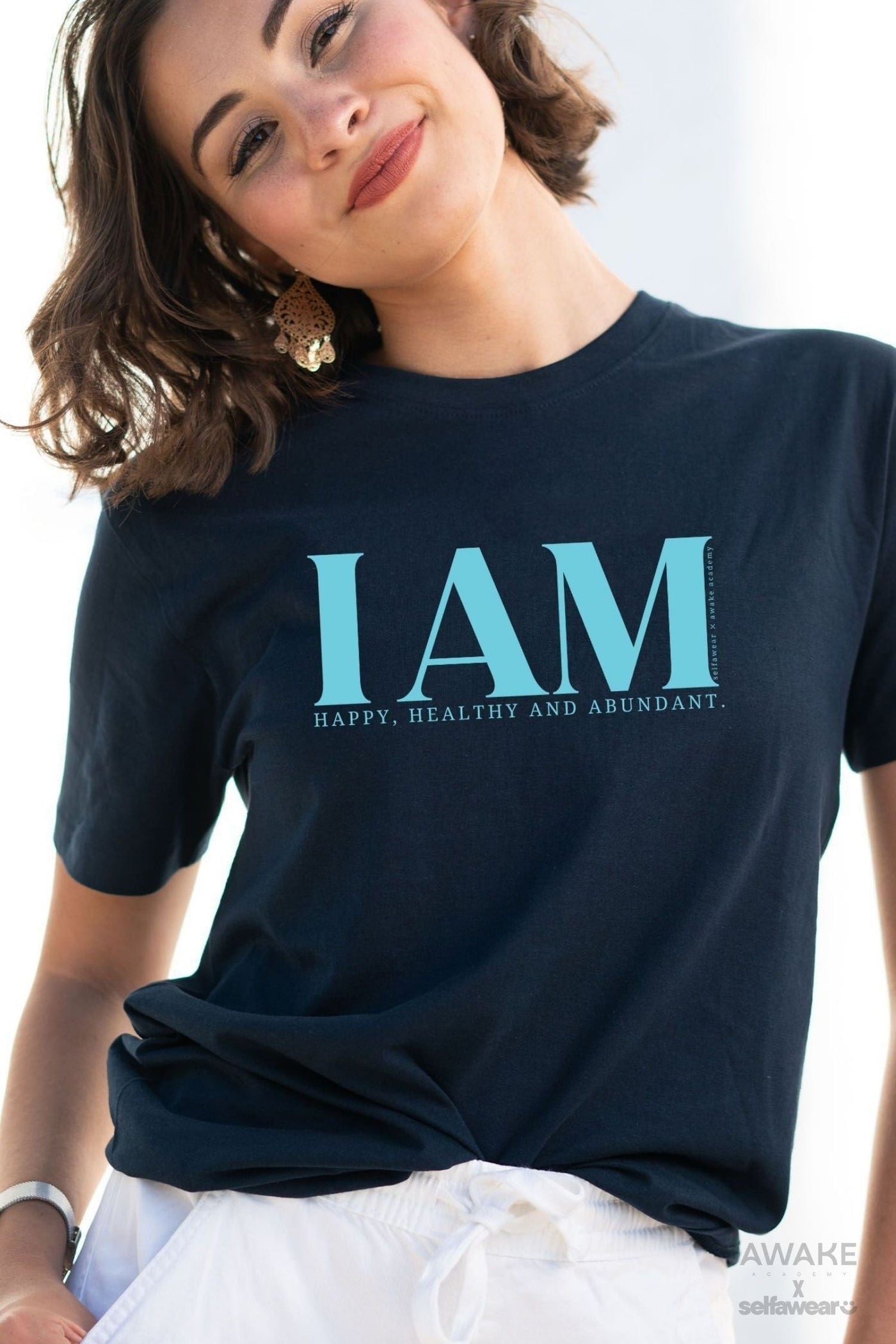 AWAKE ACADEMY COLLAB - "I am Happy" - Light Blue Print - T-Shirt Navy Shirts Selfawear 