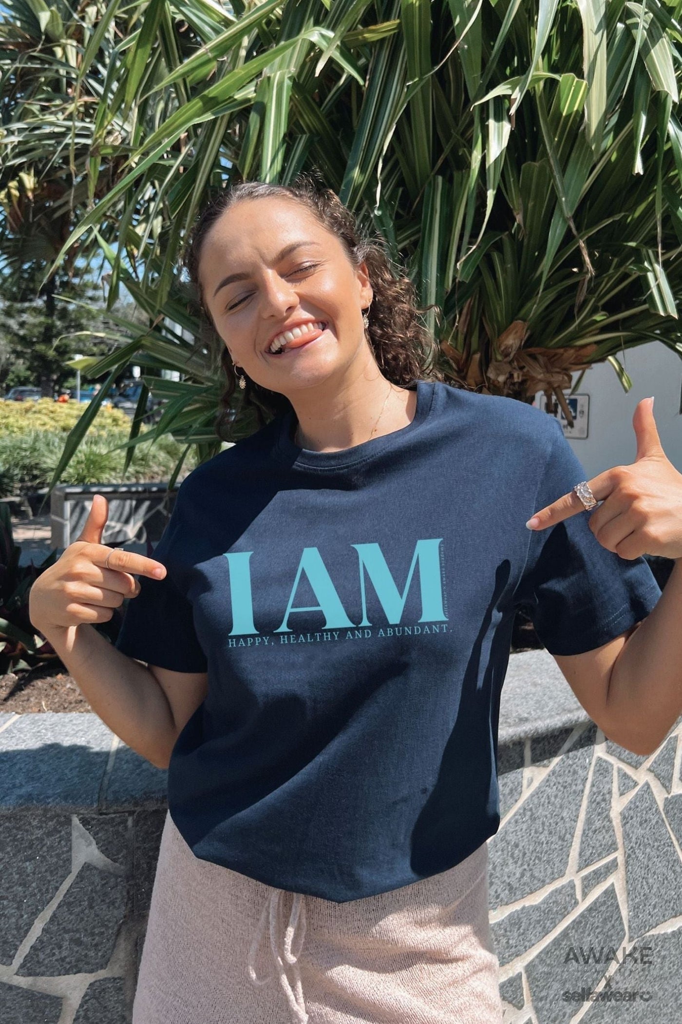 AWAKE ACADEMY COLLAB - "I am Happy" - Light Blue Print - T-Shirt Navy Shirts Selfawear 