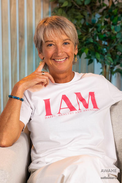 AWAKE ACADEMY COLLAB - "I am Happy" - Pink Print - T-Shirt White Shirts Selfawear 