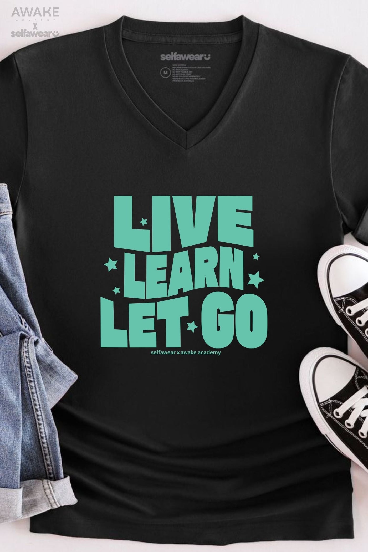 AWAKE ACADEMY COLLAB - "Live. Learn. Let Go" V-Neck T-Shirt Black V-Necks Selfawear 