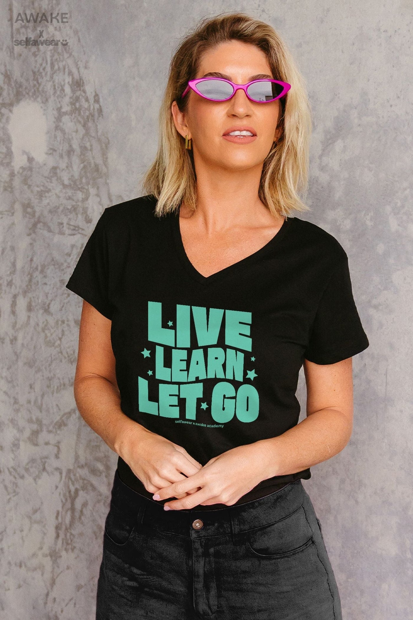 AWAKE ACADEMY COLLAB - "Live. Learn. Let Go" V-Neck T-Shirt Black V-Necks Selfawear 