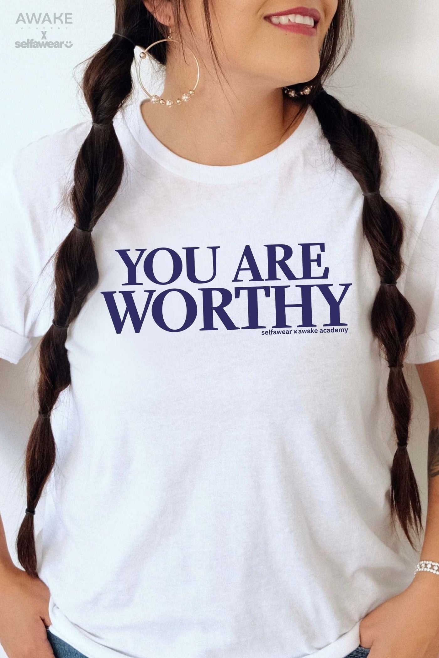 AWAKE ACADEMY COLLAB - "You Are Worthy" - Navy Print - T-Shirt White Shirts Selfawear 