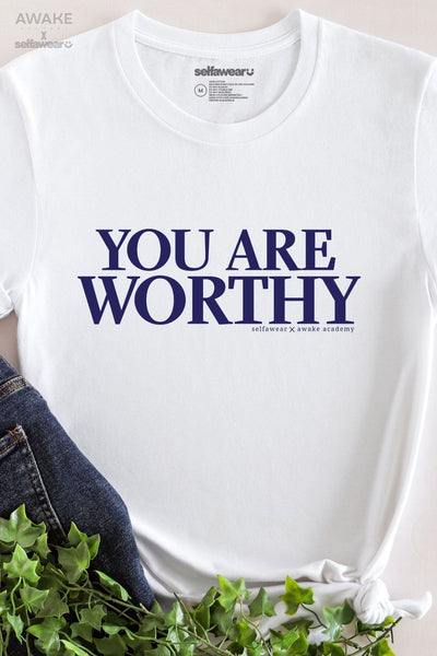 AWAKE ACADEMY COLLAB - "You Are Worthy" - Navy Print - T-Shirt White Shirts Selfawear 
