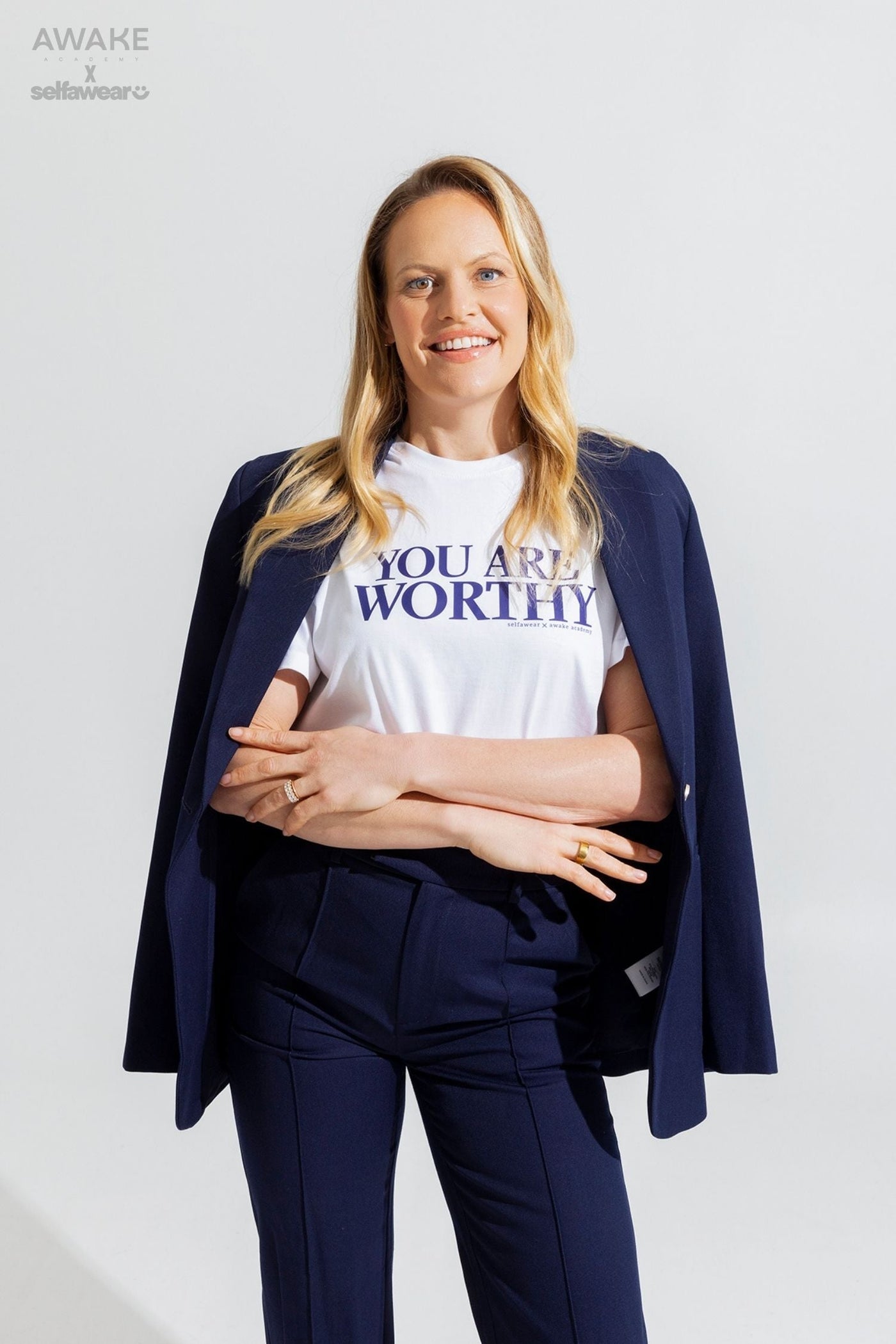 AWAKE ACADEMY COLLAB - "You Are Worthy" - Navy Print - T-Shirt White Shirts Selfawear 