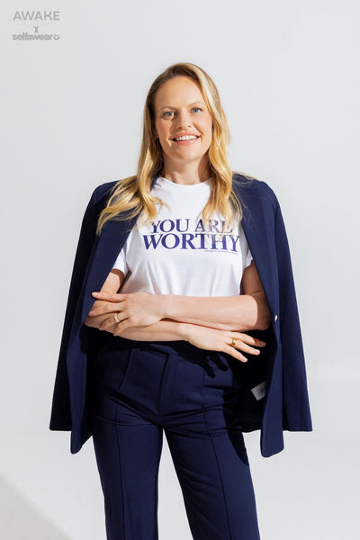 AWAKE ACADEMY COLLAB - "You Are Worthy" - Navy Print - T-Shirt White Shirts Selfawear 