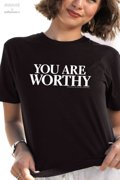 AWAKE ACADEMY COLLAB - "You are Worthy" - White Print - T-Shirt Black Shirts Selfawear 