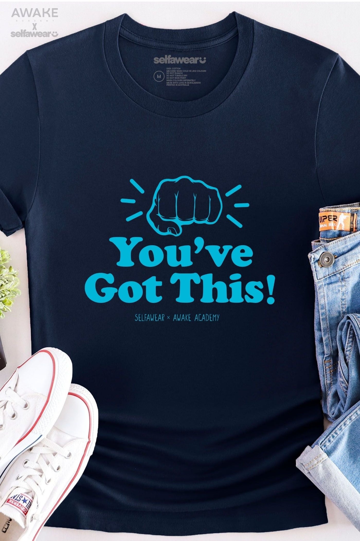 AWAKE ACADEMY COLLAB - "You've Got This" Light Blue Print - T-Shirt Navy Shirts Selfawear 