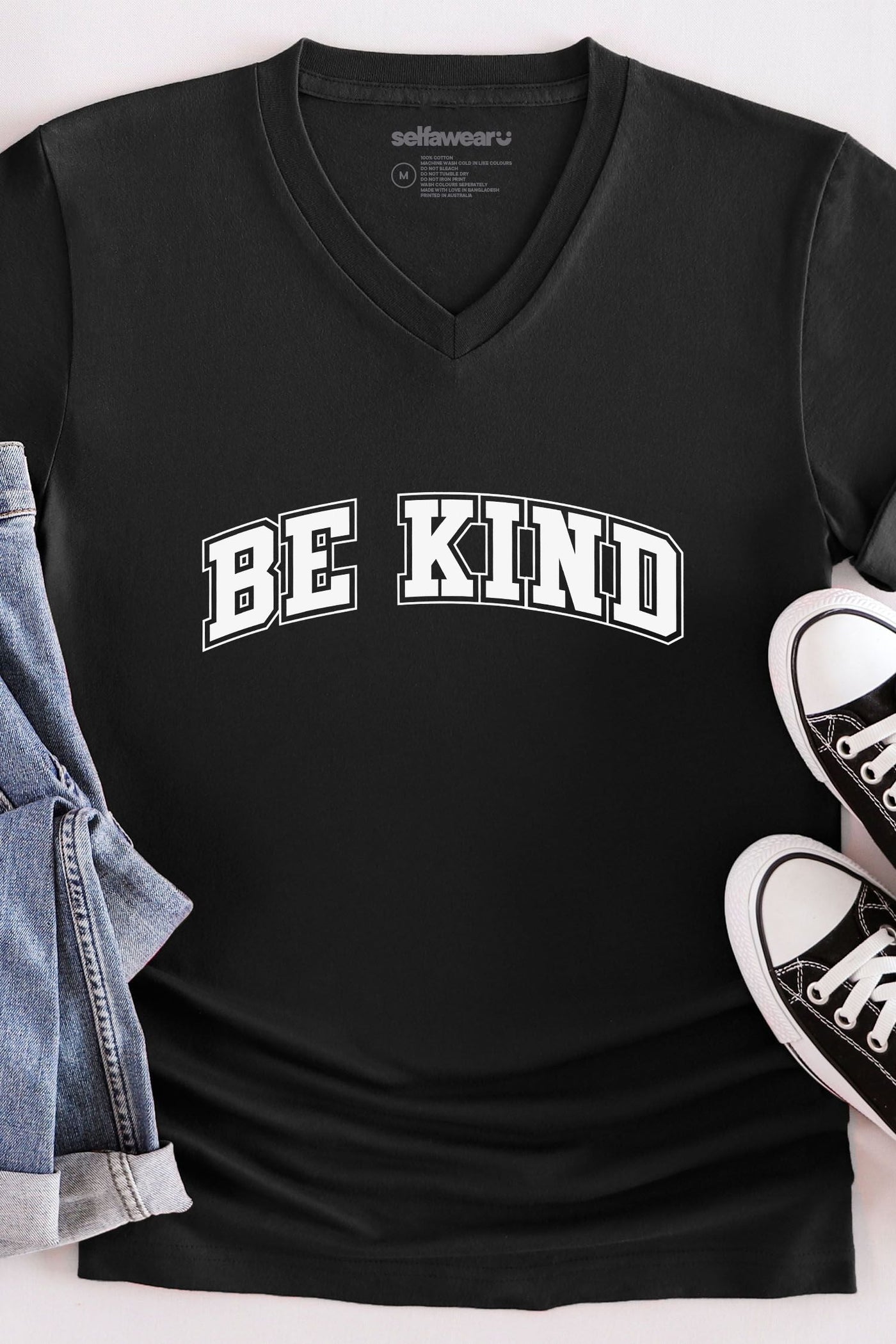 Be Kind College V-Neck T-Shirt Black Shirts Selfawear 