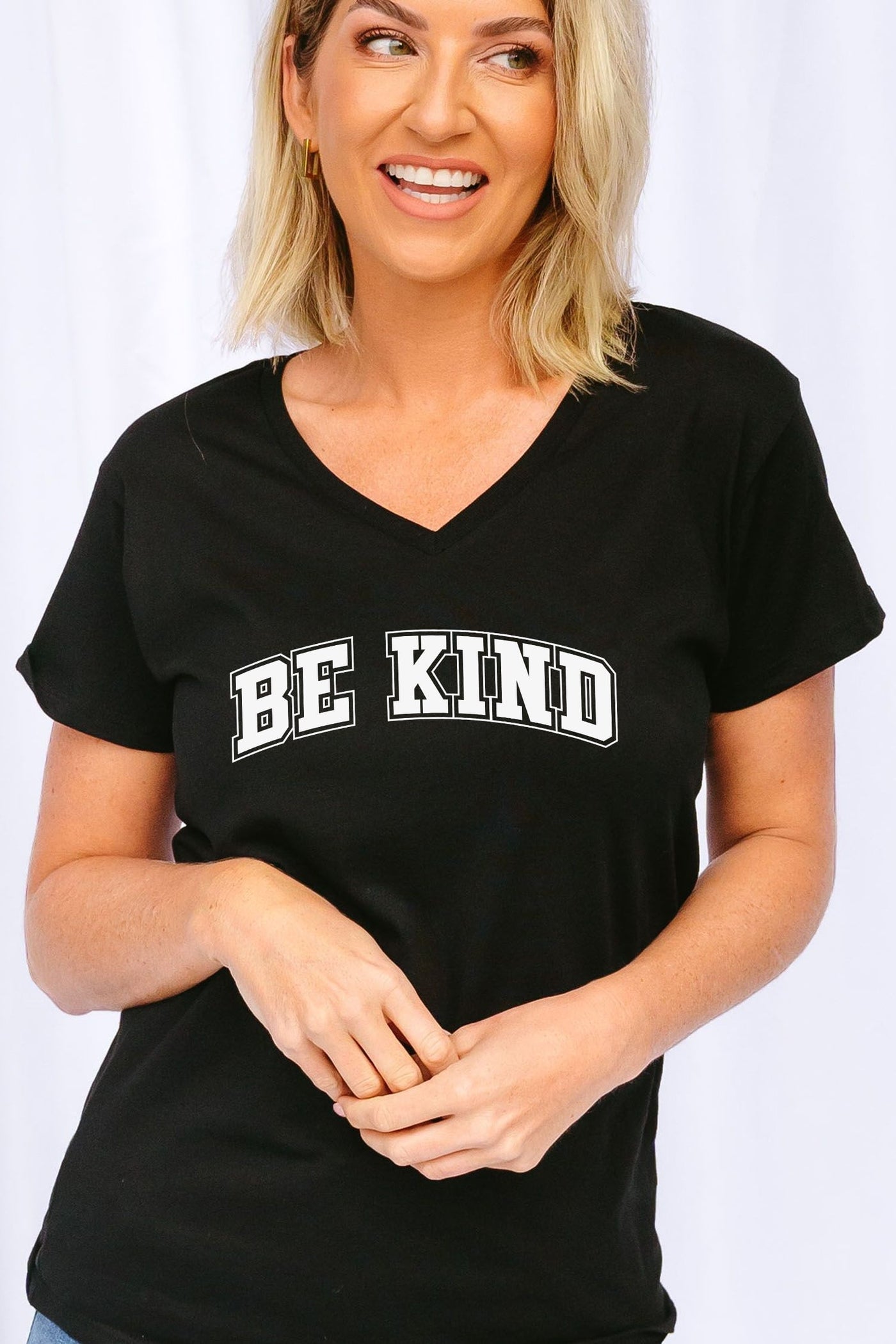 Be Kind College V-Neck T-Shirt Black Shirts Selfawear 