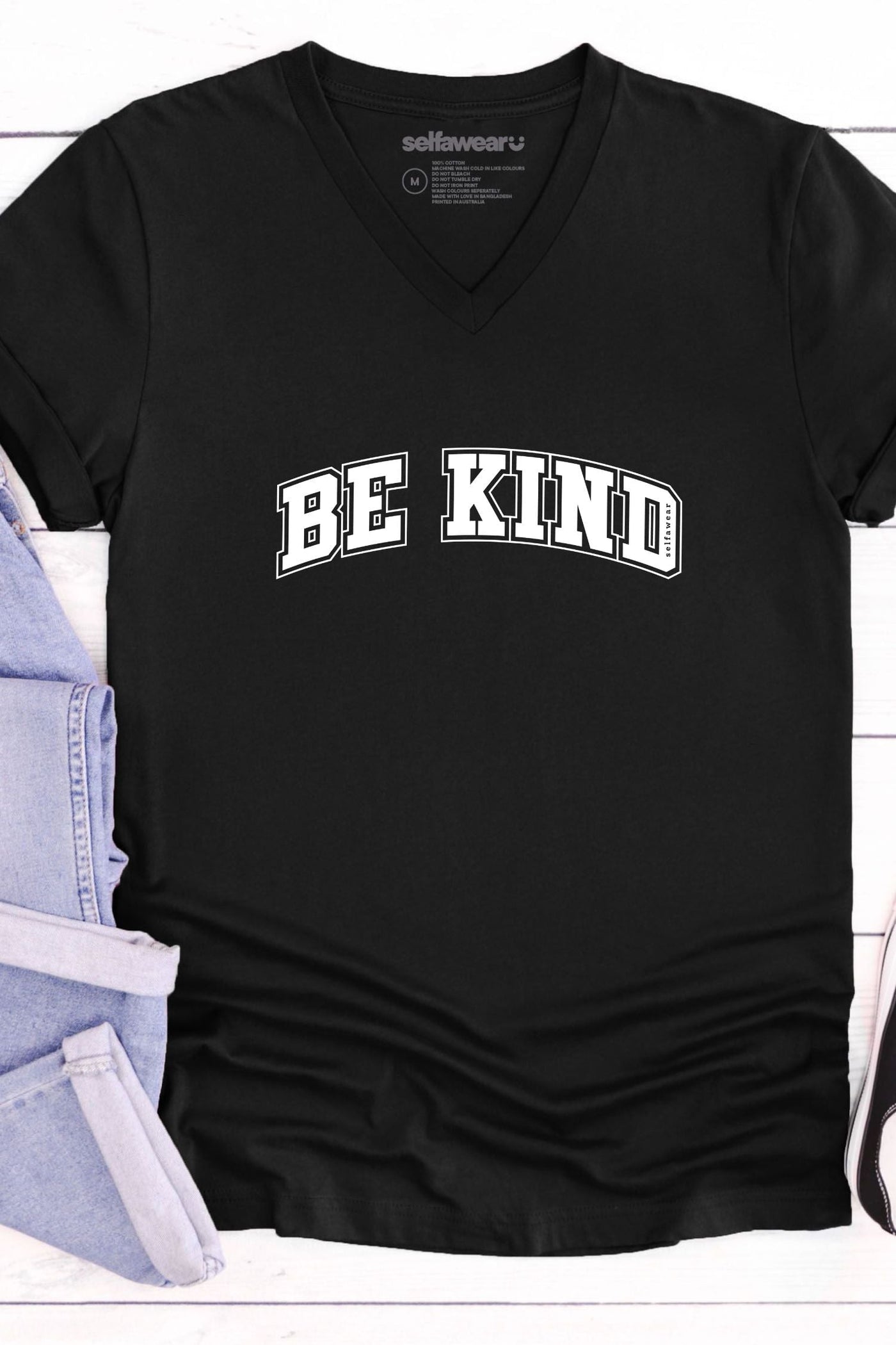 Be Kind College V-Neck T-Shirt Black V-Necks Selfawear 