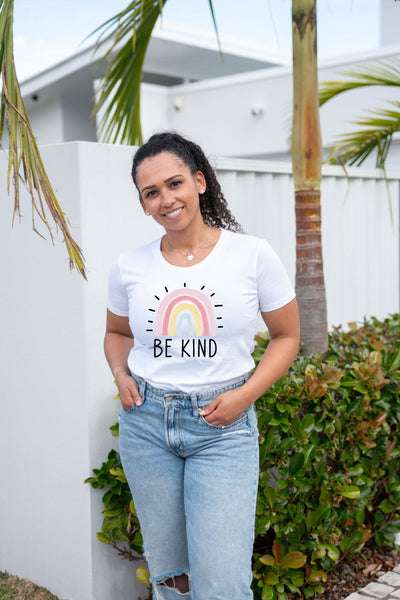 Be Kind Rainbow Tapered T-Shirt White Shirts Selfawear 