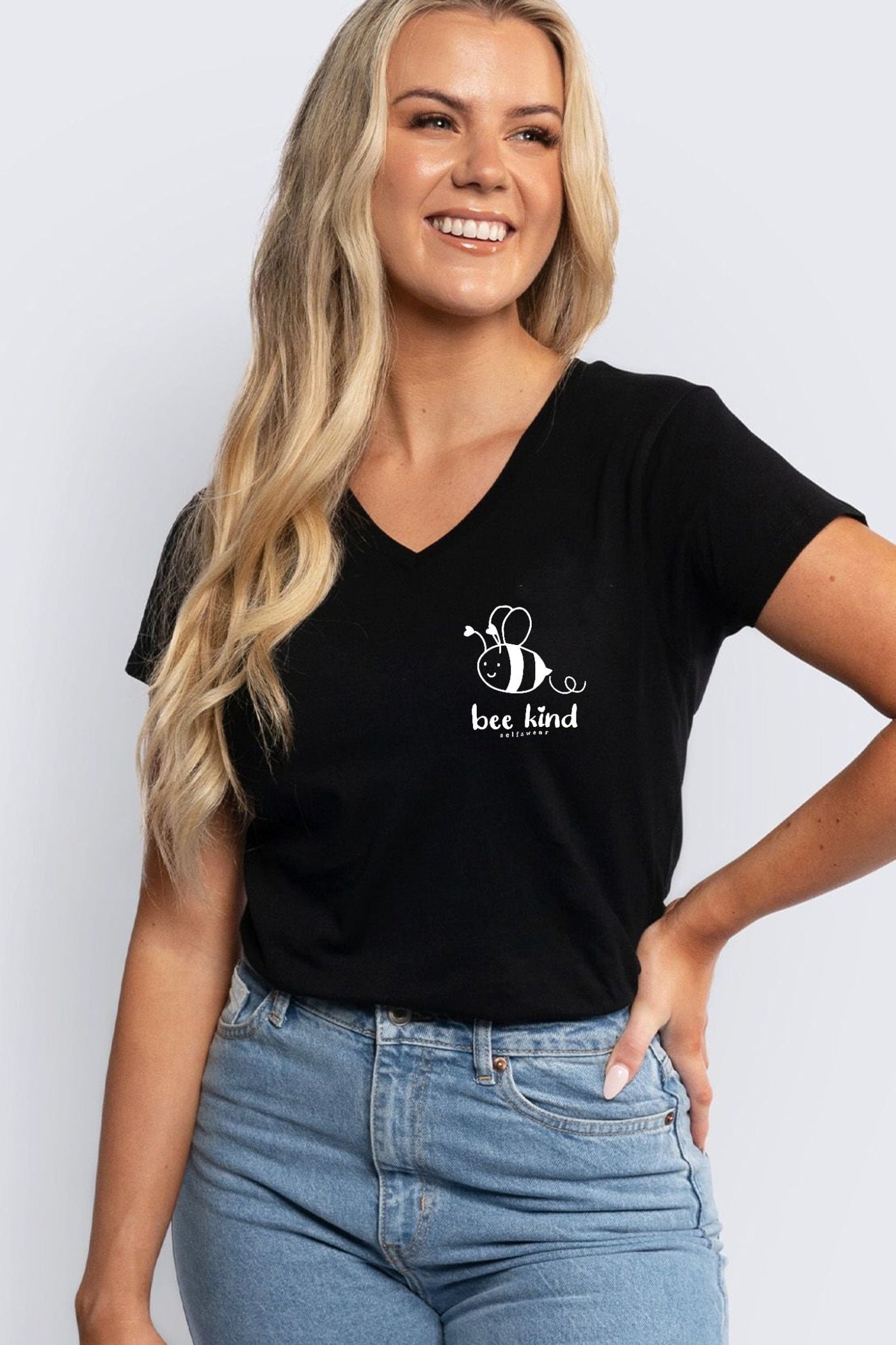 Bee Kind V-Neck T-Shirt Black V-Necks Selfawear 