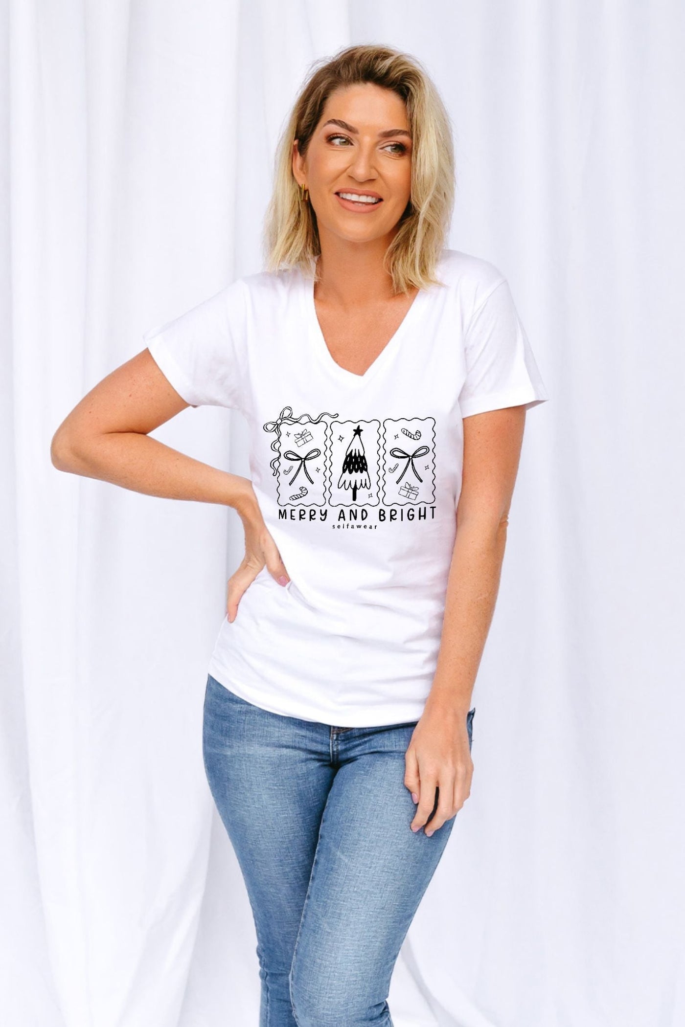 Bright Xmas V-Neck T-Shirt White V-Necks Selfawear 