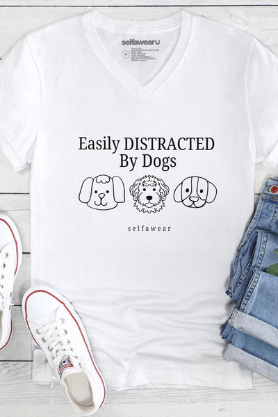 Easily Distracted by Dogs V-Neck T-Shirt White V-Necks Selfawear 