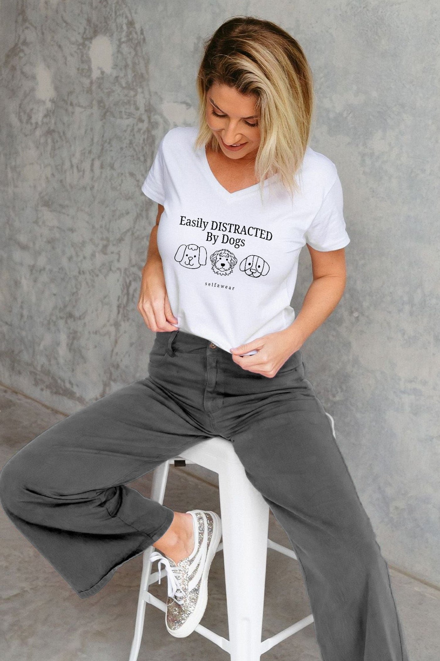 Easily Distracted by Dogs V-Neck T-Shirt White V-Necks Selfawear 