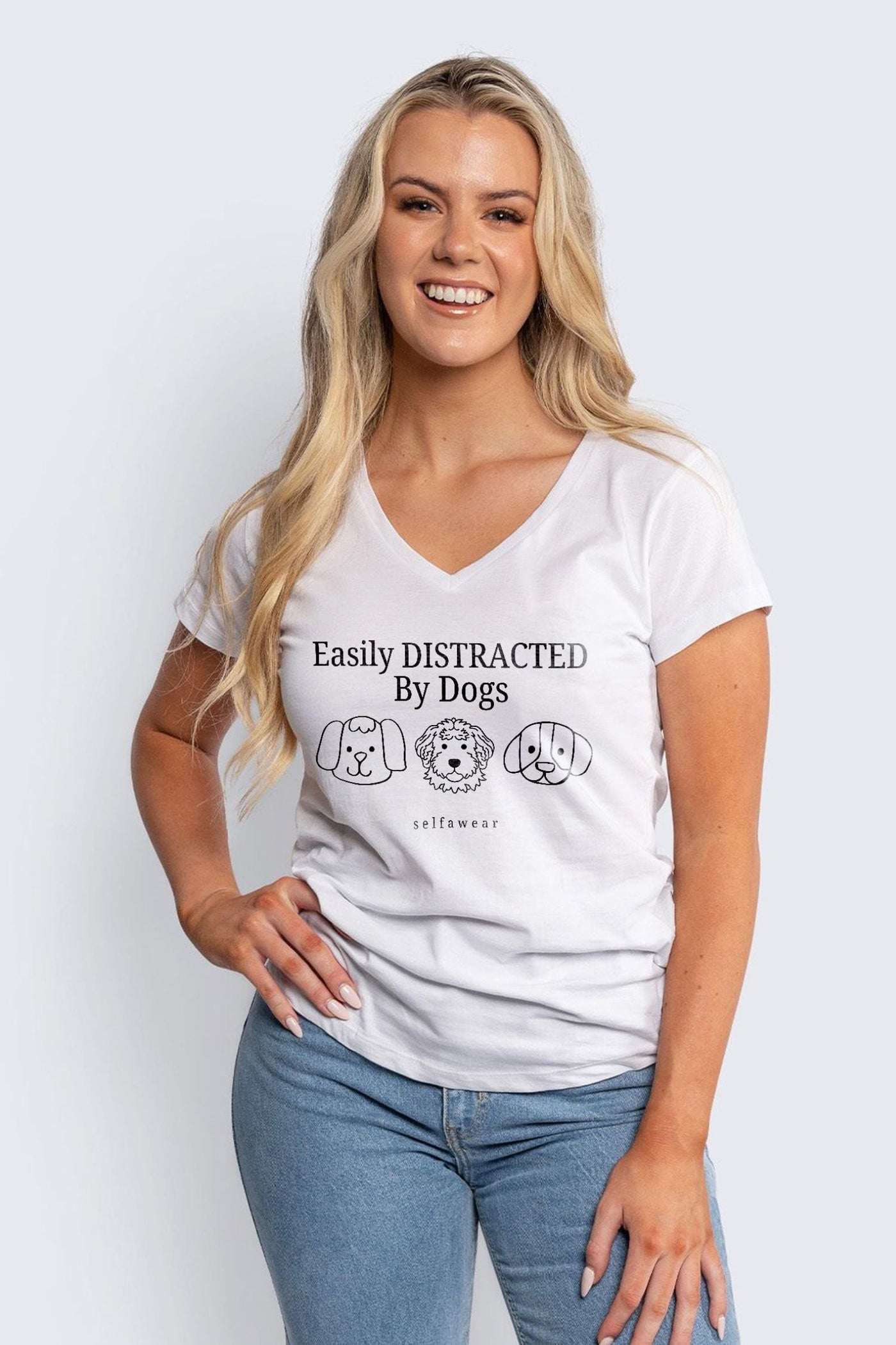 Easily Distracted by Dogs V-Neck T-Shirt White V-Necks Selfawear 