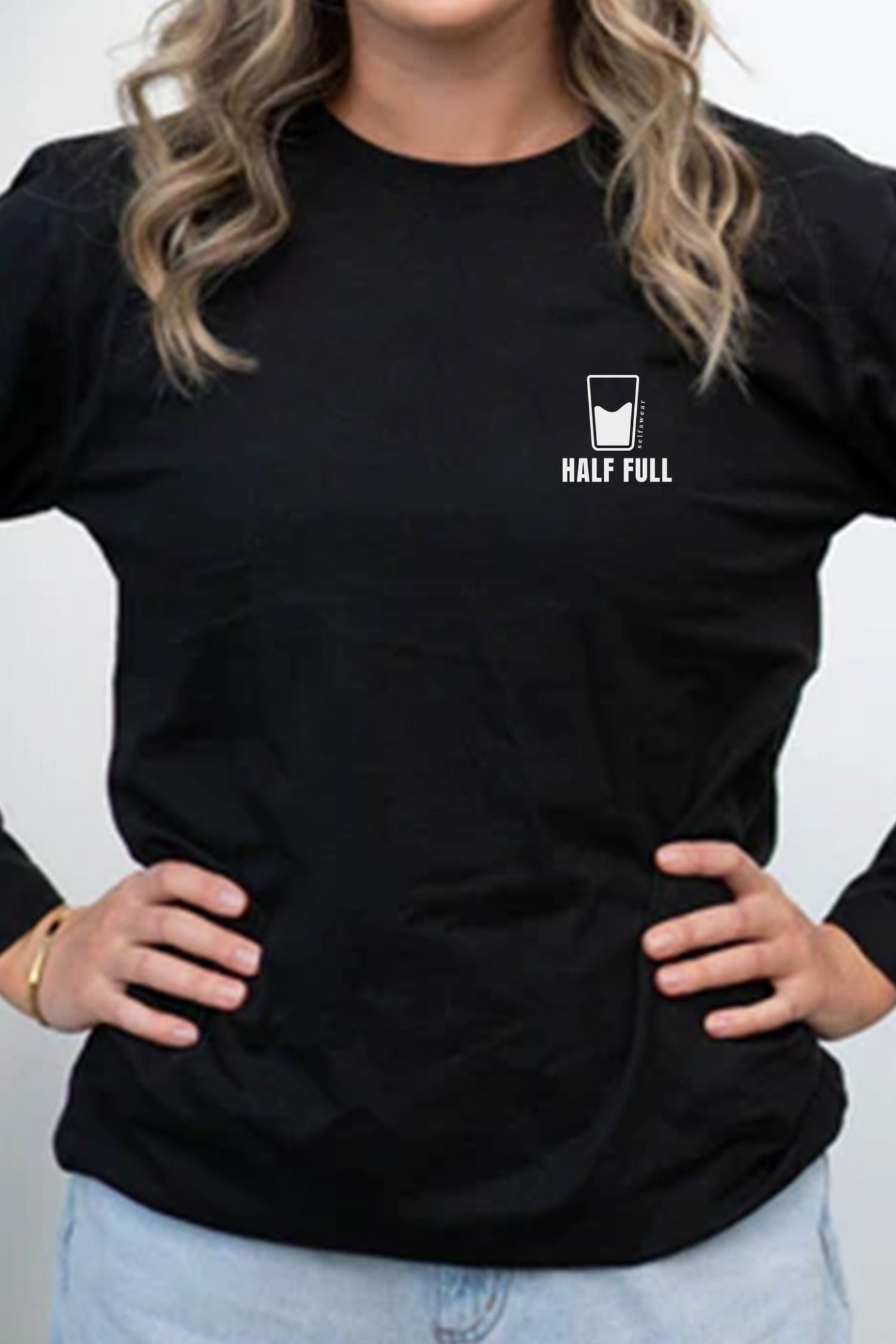 Glass Half Full Long Sleeve T-Shirt Black (Pocket print) Long Sleeve Shirts Selfawear 