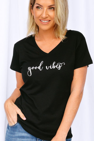 Good Vibes V-Neck T-Shirt Black Shirts Selfawear 