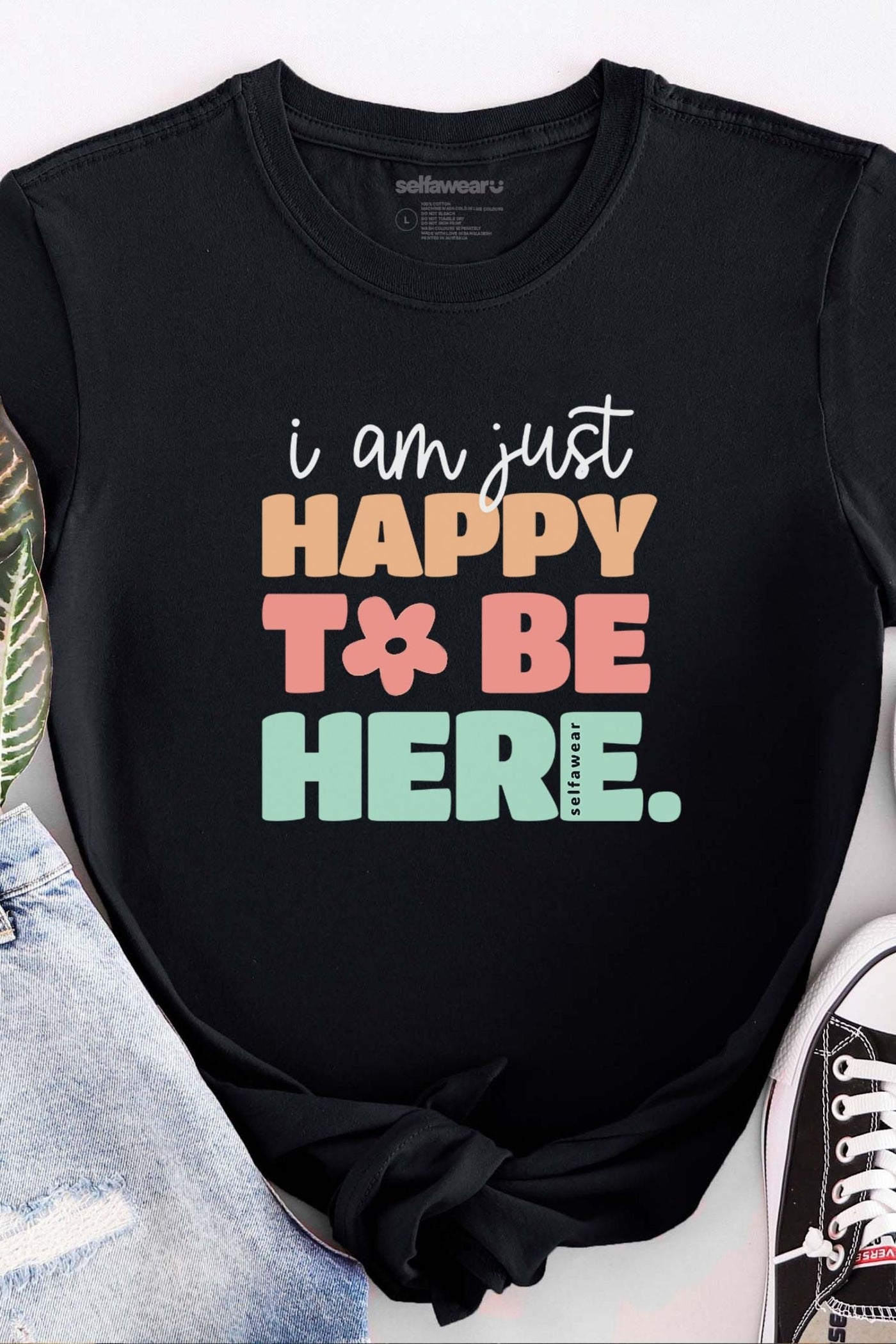 Happy to be Here Long Sleeve T-Shirt Black Long Sleeve Shirts Selfawear 