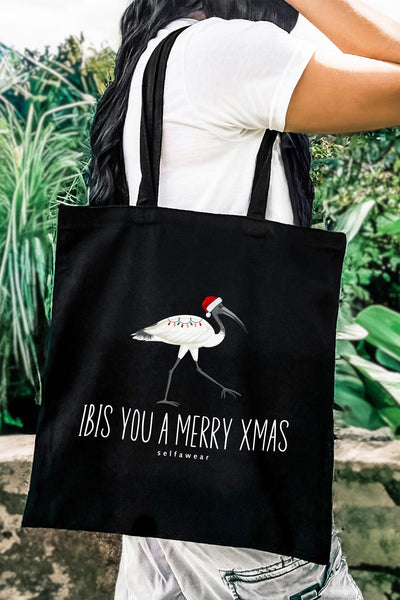 Ibis You a Merry Xmas Tote Bag Black Tote Bag Selfawear 