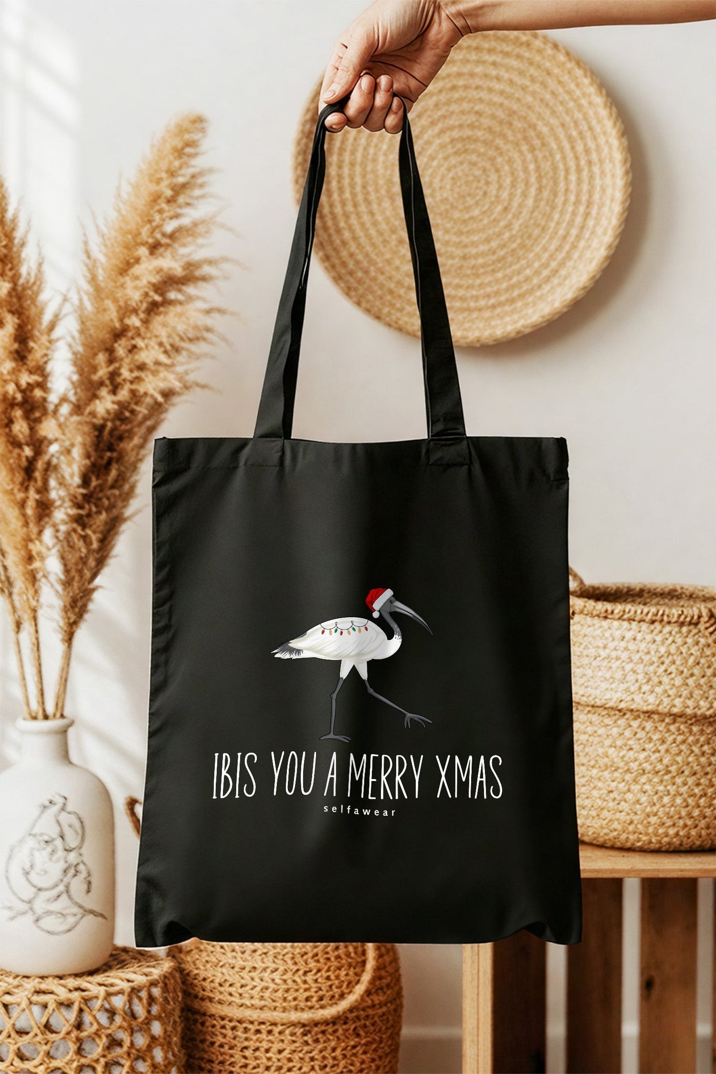 Ibis You a Merry Xmas Tote Bag Black Tote Bag Selfawear 