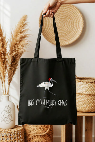 Ibis You a Merry Xmas Tote Bag Black Tote Bag Selfawear 