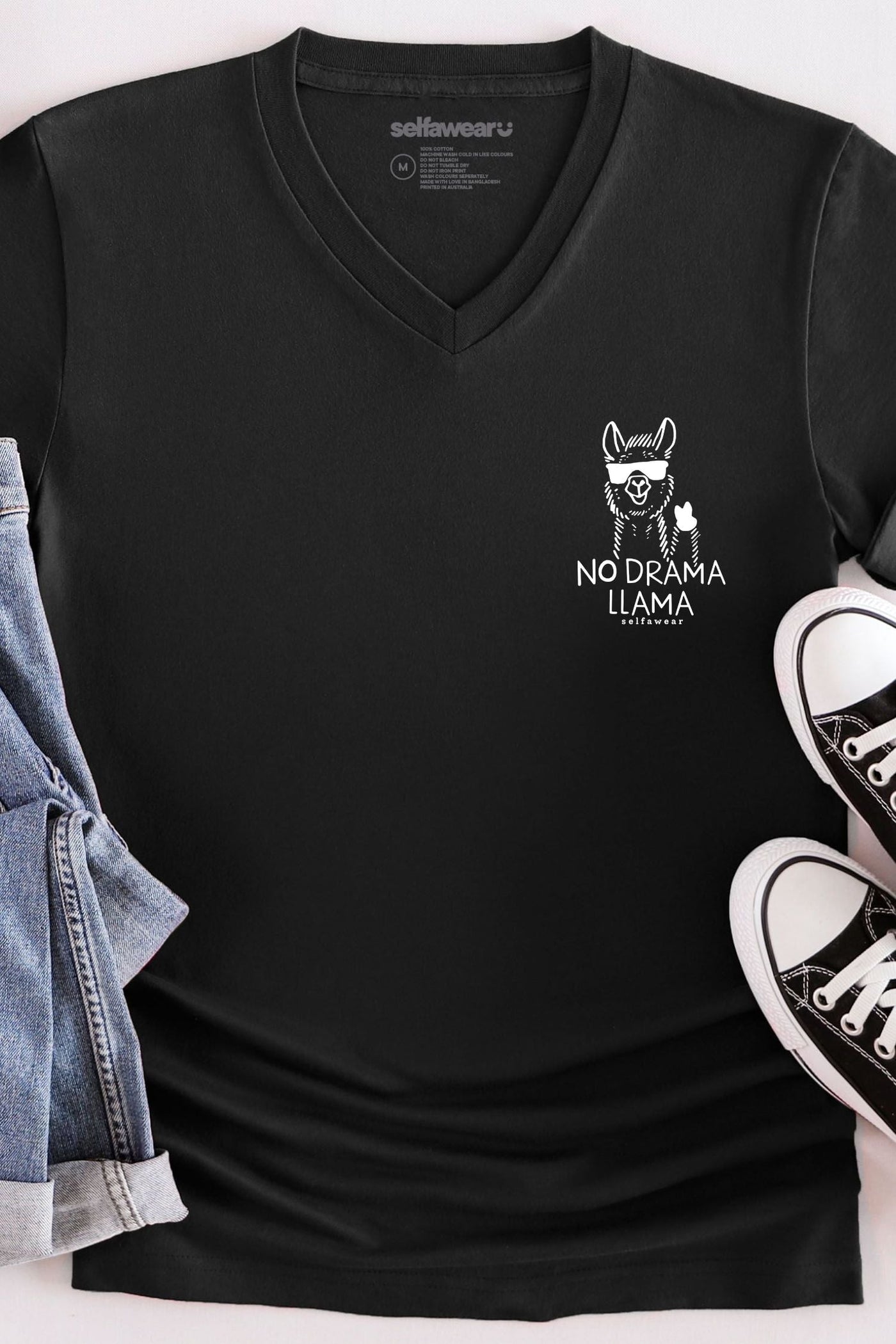 No Drama Llama V-Neck T-Shirt Black V-Necks Selfawear 