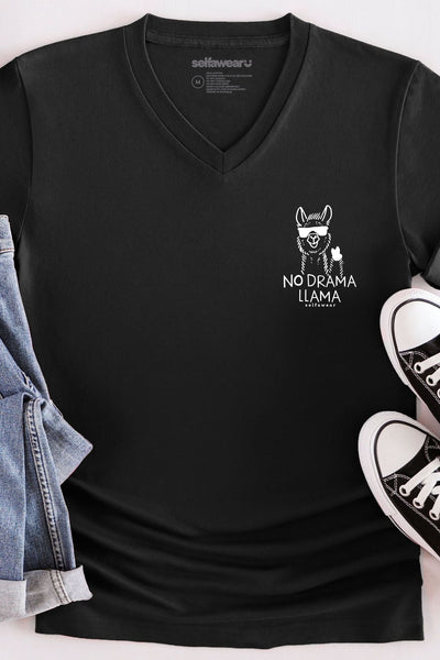 No Drama Llama V-Neck T-Shirt Black V-Necks Selfawear 