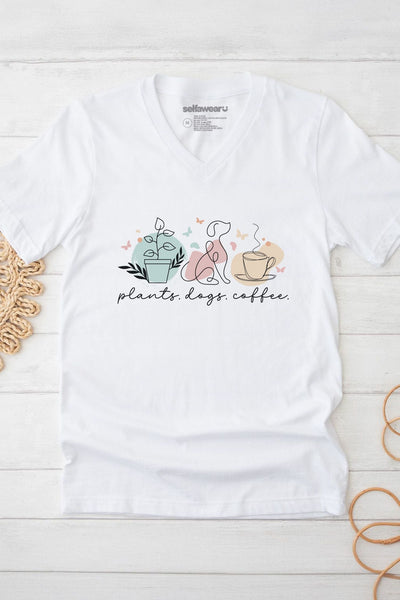 Plants, Dogs & Coffee V-Neck T-Shirt White V-Necks Selfawear 