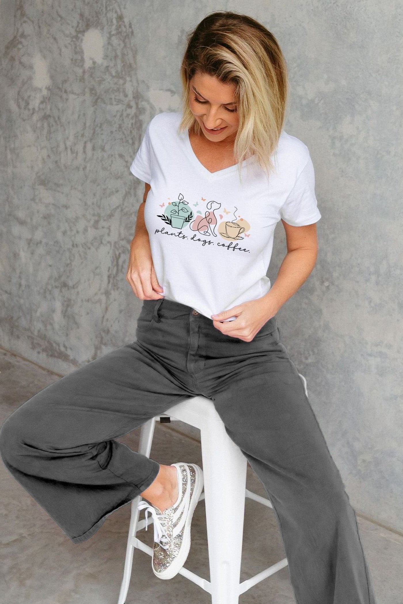 Plants, Dogs & Coffee V-Neck T-Shirt White V-Necks Selfawear 