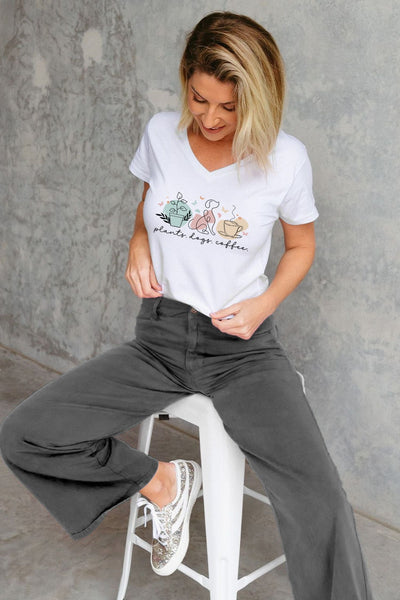Plants, Dogs & Coffee V-Neck T-Shirt White V-Necks Selfawear 