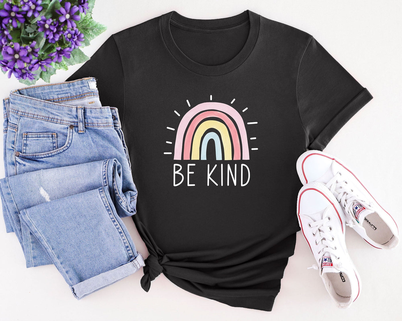 Be Kind Rainbow T-Shirt Black Shirts Selfawear 