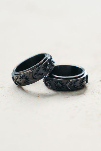 Textured Moon & Stars Spinning Anxiety Ring - Obsidian Anxiety Ring Selfawear 